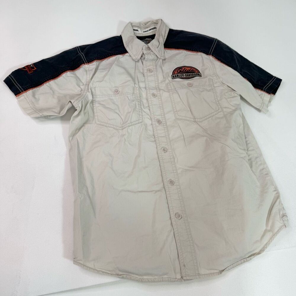 Harley-Davidson Colorblock Glide Short Sleeve Button Up Shirt White Navy Small‎